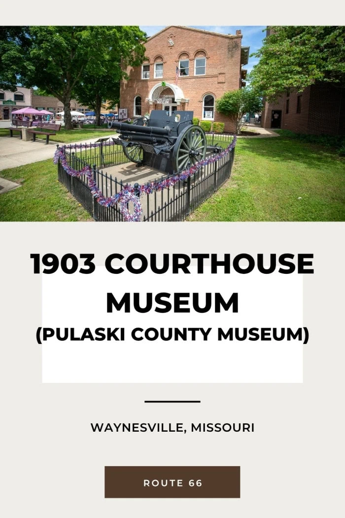 Step inside the 1903 Courthouse Museum in Waynesville, Missouri, and take a walk through Pulaski County history. Housed in a historic Romanesque Revival building right on Route 66, the museum features exhibits on the Trail of Tears, Civil War, World Wars, Frisco Railroad, and Fort Leonard Wood. Don’t miss the original courtroom upstairs or the Route 66 sign out front, perfect for a Mother Road photo stop! #RoadTrip #Route66 #Route66RoadTrip