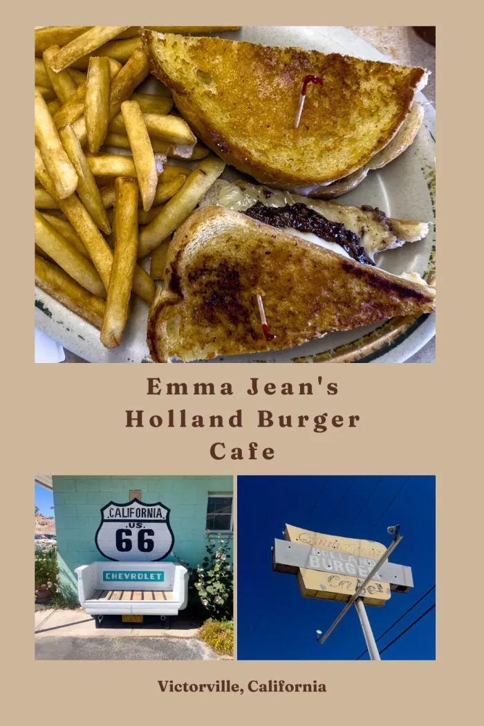Emma Jean’s Holland Burger Cafe has been serving hungry travelers on Route 66 in Victorville, California, since 1947. The pistachio-green diner is the oldest in town and a favorite stop for truckers, locals, and road trippers. Featured on Diners, Drive-Ins and Dives and even in Kill Bill: Vol. 2, the café is best known for its signature Brian Burger—a juicy beef patty with cheese and mild Ortega chili on Parmesan-crusted sourdough. #Route66 #Route66RoadTrip #Victorville #CaliforniaEats
