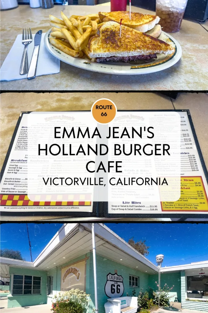 Emma Jean’s Holland Burger Cafe has been serving hungry travelers on Route 66 in Victorville, California, since 1947. The pistachio-green diner is the oldest in town and a favorite stop for truckers, locals, and road trippers. Featured on Diners, Drive-Ins and Dives and even in Kill Bill: Vol. 2, the café is best known for its signature Brian Burger—a juicy beef patty with cheese and mild Ortega chili on Parmesan-crusted sourdough. #Route66 #Route66RoadTrip #Victorville #CaliforniaEats